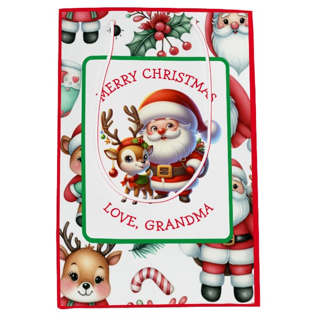 Cute Santa and Reindeer Personalized Christmas Medium Gift Bag (Front)
