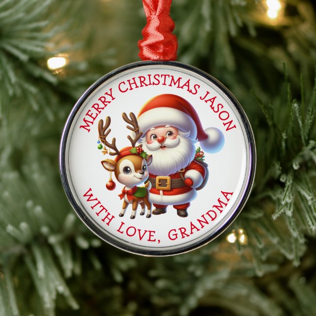 Cute Santa and Reindeer Personalized Christmas Metal Ornament (Tree)