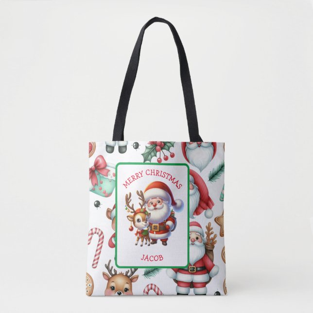 Cute Santa and Reindeer Personalized Christmas Tote Bag (Front)