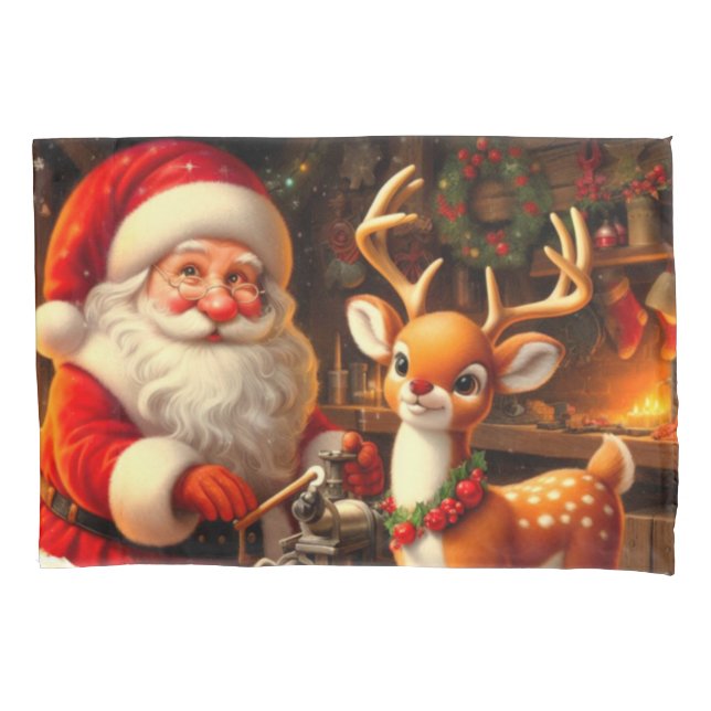 Cute Santa and Reindeer  Pillow Case (Front)