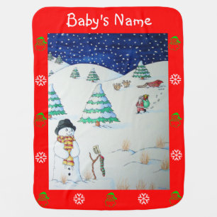 cute santa and reindeer snow scene at christmas receiving blanket