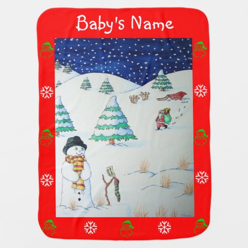 cute santa and reindeer snow scene at christmas receiving blanket