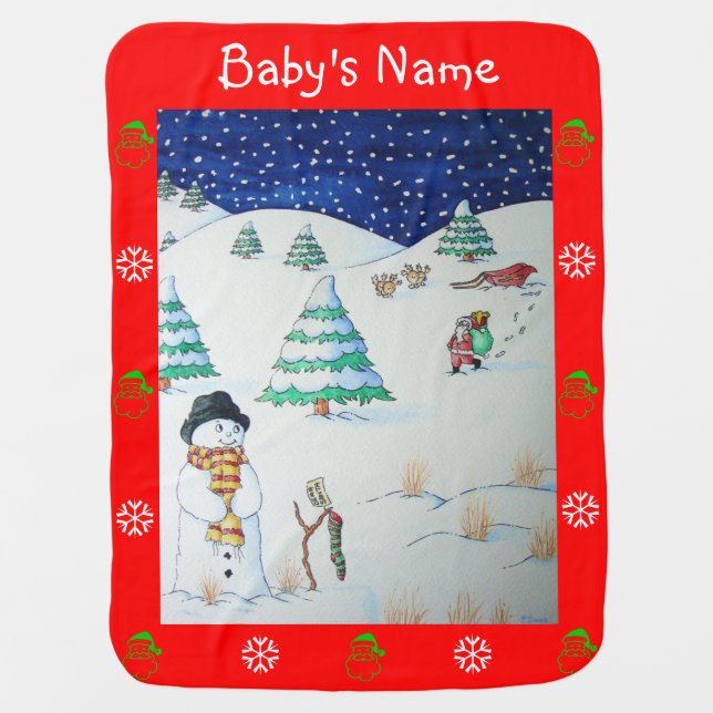 cute santa and reindeer snow scene at christmas receiving blanket (Front)