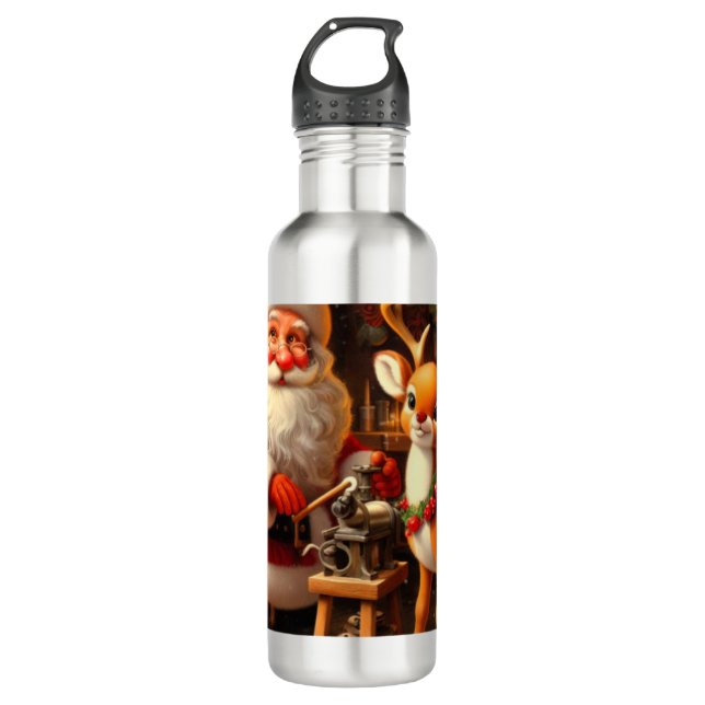 Cute Santa and Reindeer  Stainless Steel Water Bottle (Front)