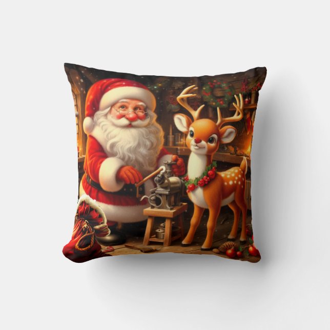 Cute Santa and Reindeer  Throw Pillow (Front)
