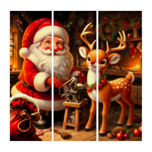 Cute Santa and Reindeer Triptych