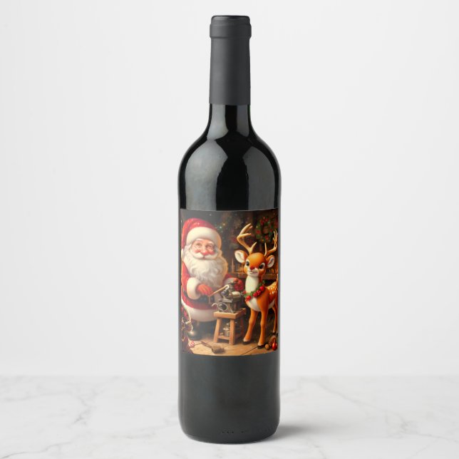 Cute Santa and Reindeer  Wine Label (Front)