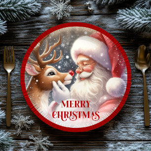 Cute Santa and Rudolph Cartoon Christmas Paper Plates