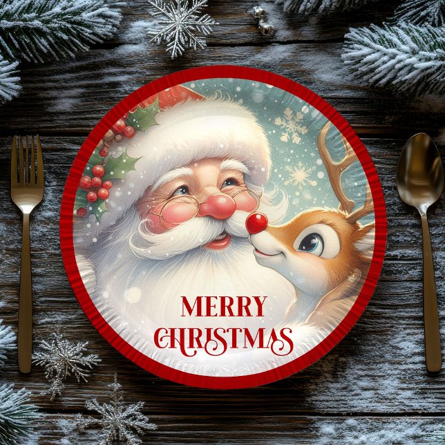 Cute Santa and Rudolph Cartoon Christmas Plates (Cute Santa and Rudolph Cartoon Christmas Paper Plates)