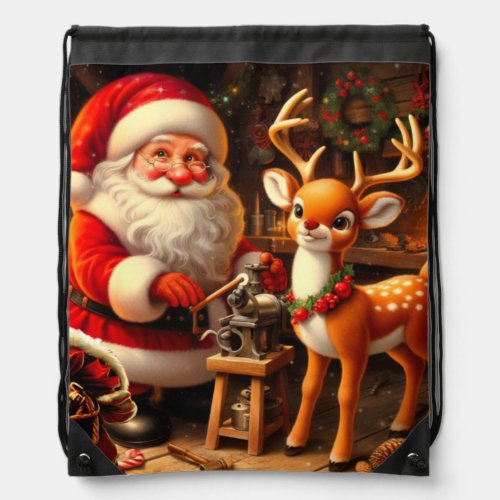 Cute Santa and Rudolph  Drawstring Bag