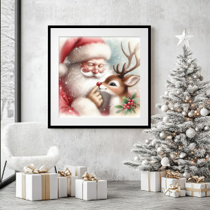 Cute Santa and Rudolph Kids Room Christmas Wall  Framed Art