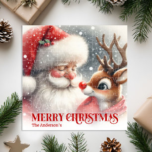 Cute Santa and Rudolph Personalized Xmas Kids Gift Jigsaw Puzzle