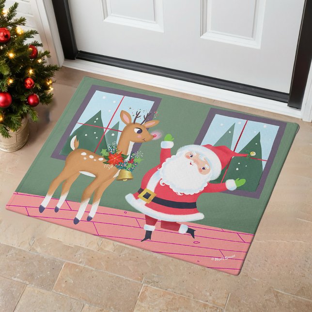 Cute Santa and Rudolph Red & Green Doormat (Creator Uploaded)