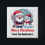 Cute Santa And Snowman Christmas Custom Button<br><div class="desc">A cute whimsical Christmas illustration featuring a jolly Santa wearing his traditional red and white suit and hat, sporting a big white beard and a red nose. He is holding a big red and white striped candy cane and is standing next to a happy snowman. The snowman is also wearing...</div>