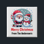 Cute Santa And Snowman Christmas Custom Button<br><div class="desc">A cute whimsical Christmas illustration featuring a jolly Santa wearing his traditional red and white suit and hat, sporting a big white beard and a red nose. He is holding a big red and white striped candy cane and is standing next to a happy snowman. The snowman is also wearing...</div>