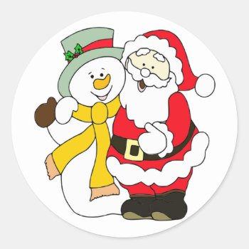 Cute Santa And Snowman Classic Round Sticker by NatureTales at Zazzle