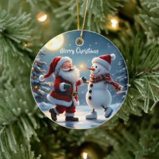 Cute Santa and snowman dancing on ice in winter Ceramic Ornament