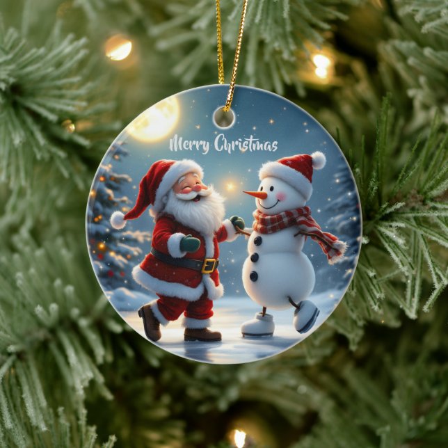 Cute Santa and snowman dancing on ice in winter  Ceramic Ornament (Tree)