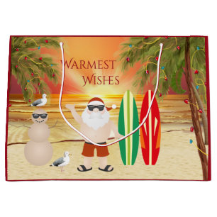 Cute Santa and Surfboards Beach Surfing Christmas Large Gift Bag