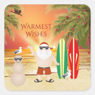 Cute Santa and Surfboards Beach Surfing Christmas Square Sticker