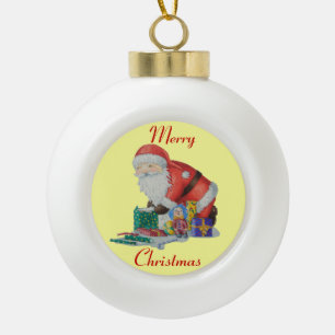 Cute santa and toys wrapping Christmas gifts Ceramic Ball Christmas Ornament