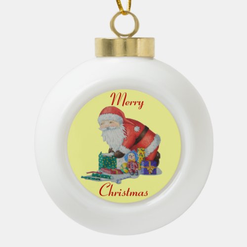 Cute santa and toys wrapping Christmas gifts Ceramic Ball Christmas Ornament