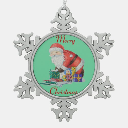 Cute santa and toys wrapping Christmas gifts Snowflake Pewter Christmas Ornament