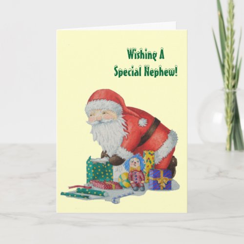 Cute santa and toys wrapping gifts for Christmas Holiday Card