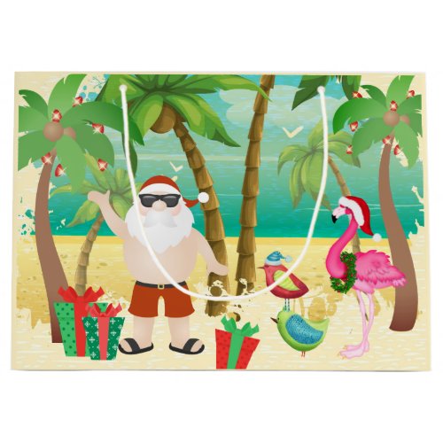 Cute Santa and Tropical Birds Beach Christmas Large Gift Bag