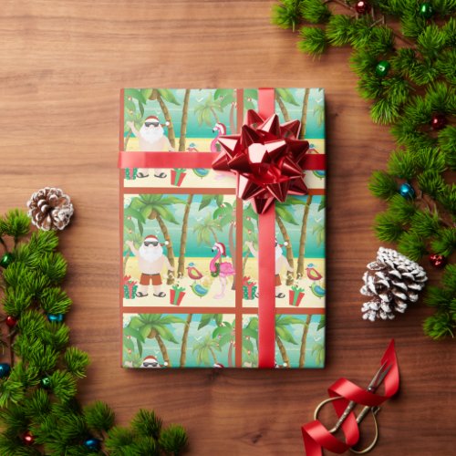 Cute Santa and Tropical Birds Beach Christmas Wrapping Paper