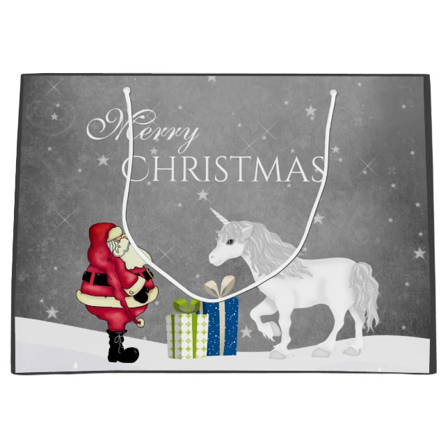 Cute Santa and Unicorn Merry Christmas Large Gift Bag (Front)