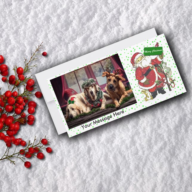 Cute Santa Animals Merry Christmas  Holiday Card (Cute Santa Claus with animals and tree on green polka dot flat photo Christmas card.)