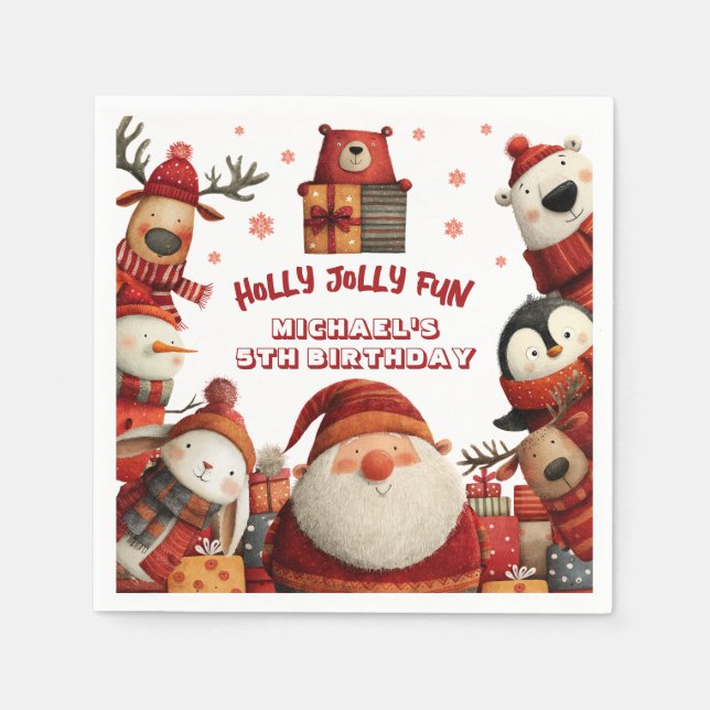 Cute Santa Animals Whimsical Xmas Kids' Birthday Napkins (Front)