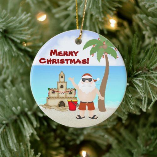 Cute Santa at the Beach Merry Christmas Holiday Ceramic Ornament