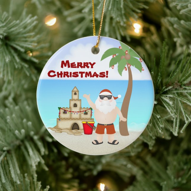 Cute Santa at the Beach Merry Christmas Holiday Ceramic Ornament (Tree)
