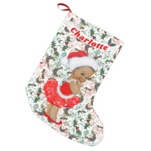Personalized Baby's 1st Christmas Ornament Cute Girl in Stocking with Santa Hat 