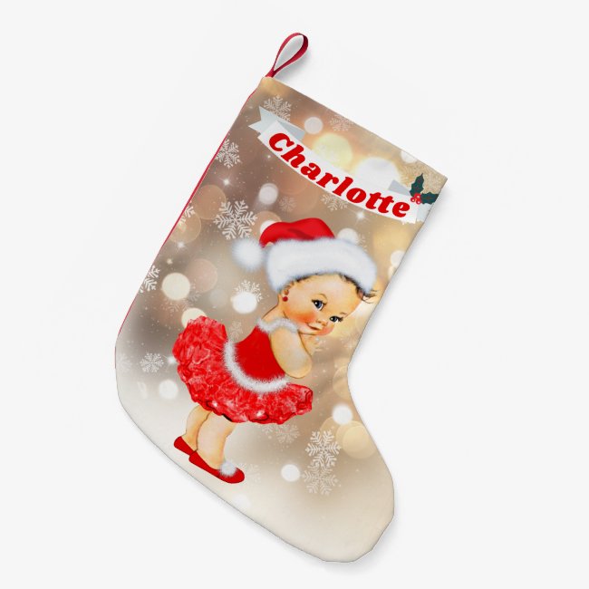 Cute Santa Baby Girl Red Gold Monogram Name Small Christmas Stocking