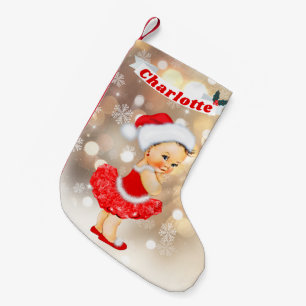 Cute Santa Baby Girl Red Gold Monogram Name Small Christmas Stocking