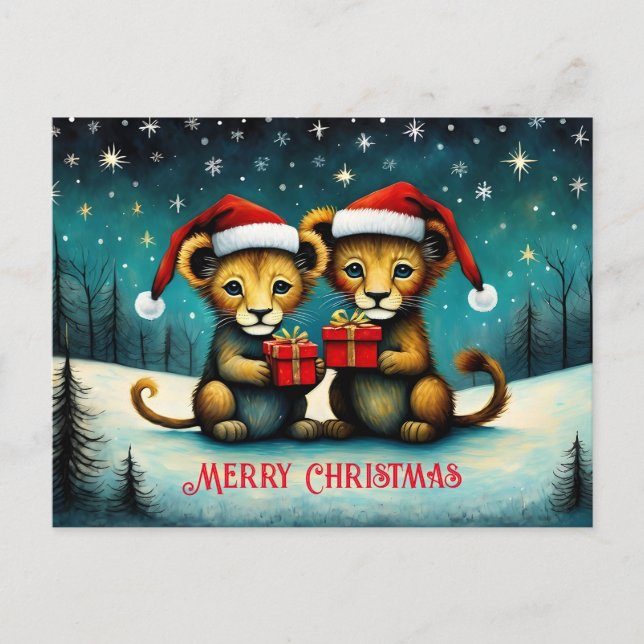 Cute Santa Baby Lion Snowy Winter Christmas Postcard (Front)