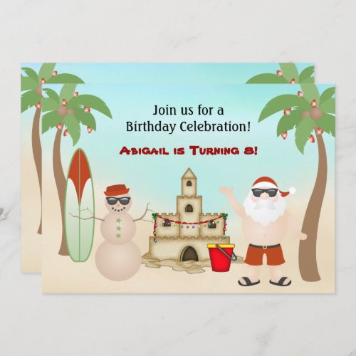 Cute Santa Beach Christmas Holiday Birthday Invitation