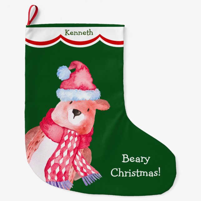 Cute Santa Bear Personalized Large Christmas Stocking (Front)