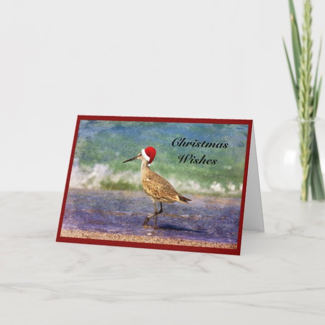 Cute Santa Bird at the Beach Christmas Card (Front)