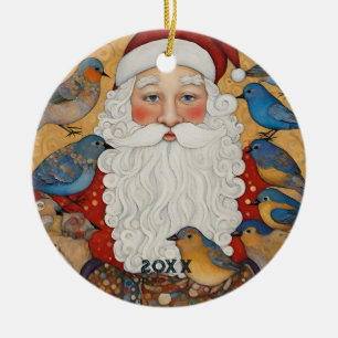 Cute Santa Blue Birds  Ceramic Ornament