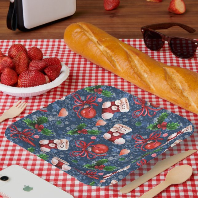 Cute Santa Boots Balls Red Holly Berries Christmas Paper Plates (Picnic)