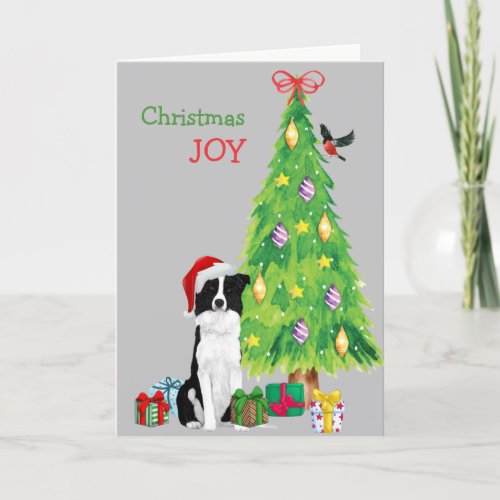 Cute Santa Border Collie and Christmas Tree Holida Holiday Card