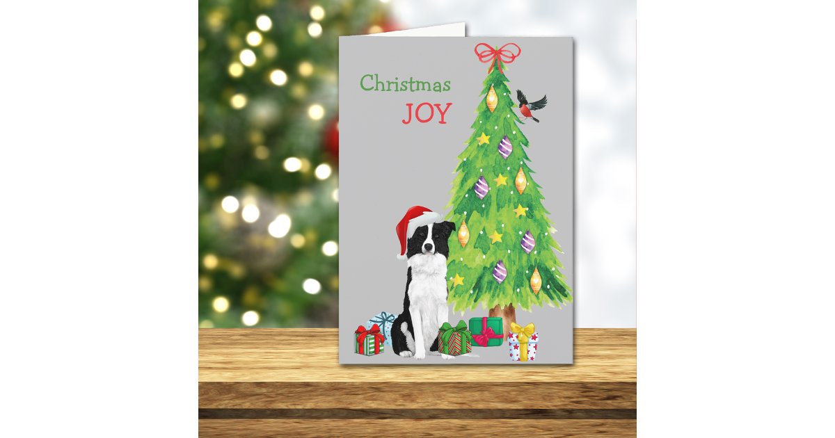Cute Santa Border Collie and Christmas Tree Holida Holiday Card | Zazzle