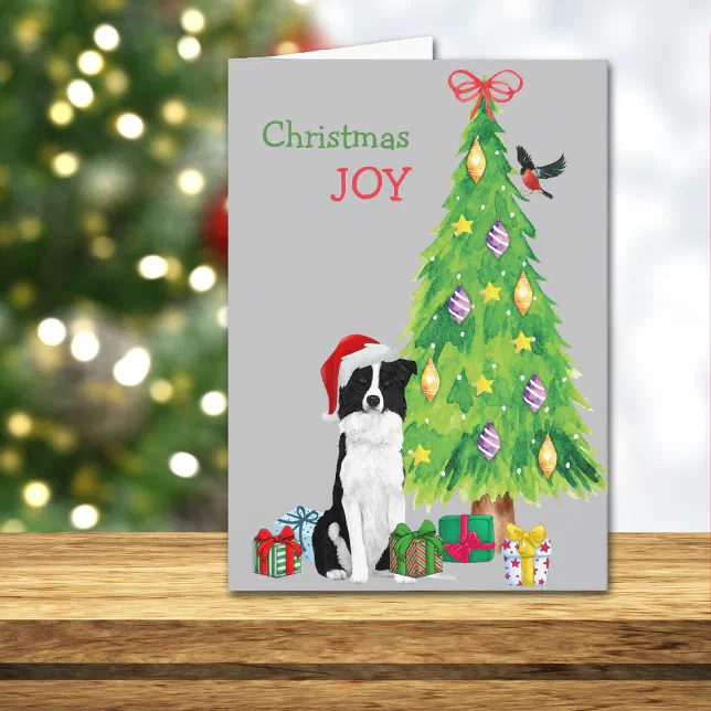 Cute Santa Border Collie and Christmas Tree Holida Holiday Card | Zazzle