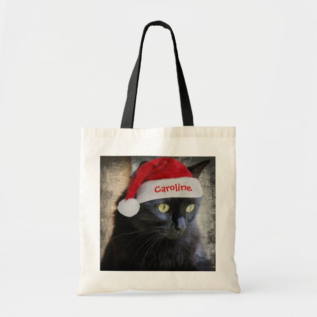 Cute Santa Cat Christmas Gift Bag, Personalized Tote Bag (Front)