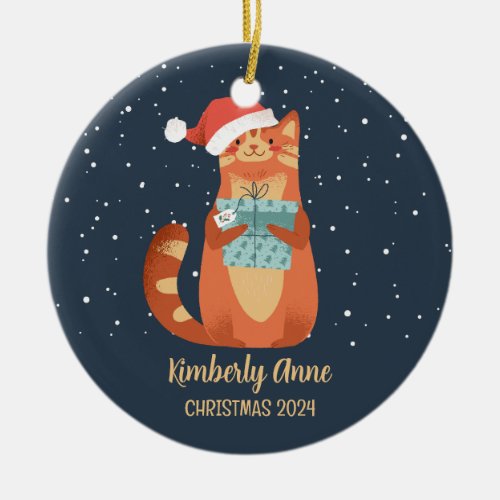 Cute Santa Cat Christmas Snowy Winter Holiday Ceramic Ornament