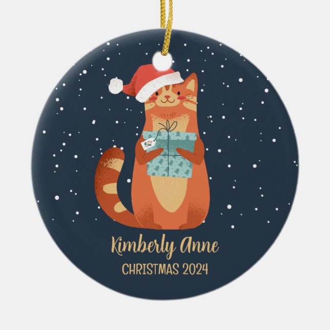 Cute Santa Cat Christmas Snowy Winter Holiday Ceramic Ornament (Front)